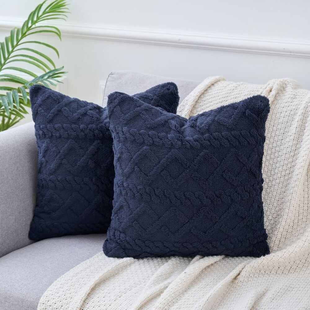 2pcs Short Plush Solid Throw Pillow Covers for Sofa 20 x 20 Inch Dark Blue